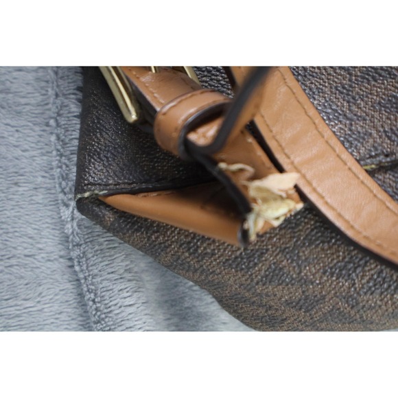 Michael Kors Backpack Womens Medium Brown MK Logo Monogram Leather Trim Zip - Picture 4 of 8